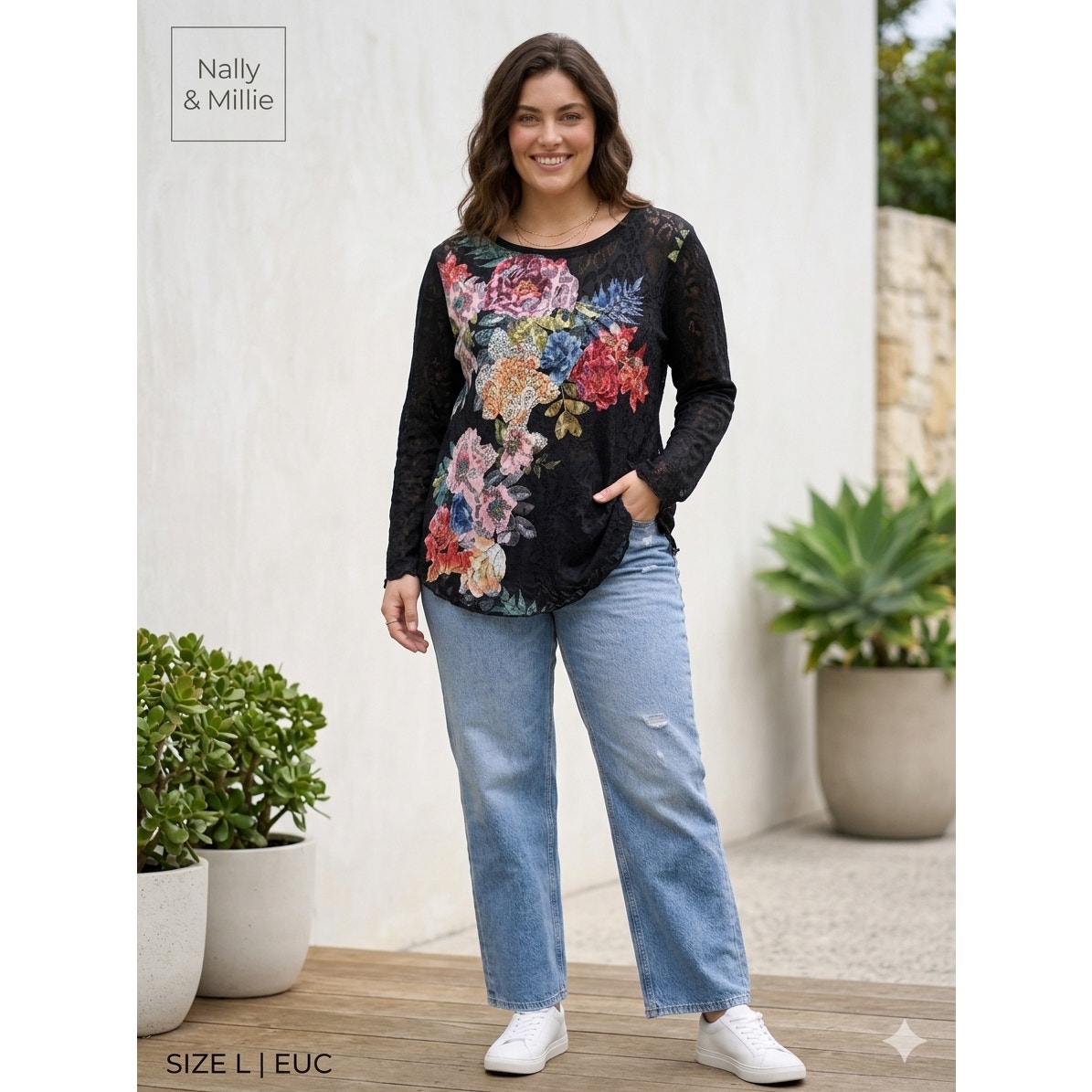 Nally & Millie Black Floral Lace Mesh Long Sleeve Top - Size L - Euc